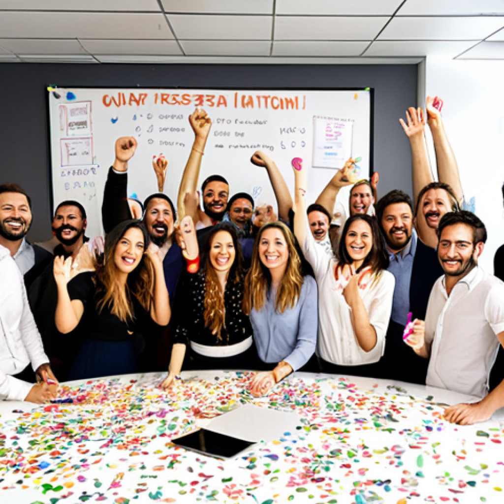 **
A diverse team in a modern Italian office celebrates a project milestone with confetti and smiles, highlighting the recognition and celebration of success in a vibrant, collaborative workspace. The setting includes a whiteboard with OKRs visibly displayed.
**