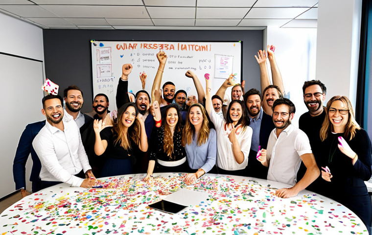 **
A diverse team in a modern Italian office celebrates a project milestone with confetti and smiles, highlighting the recognition and celebration of success in a vibrant, collaborative workspace. The setting includes a whiteboard with OKRs visibly displayed.
**