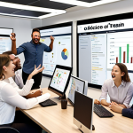 **

Ambitious team celebrating reaching OKR goals. Focus on collaborative, transparent workspace with data dashboards displaying progress. Positive energy, diverse group, modern office setting.

**