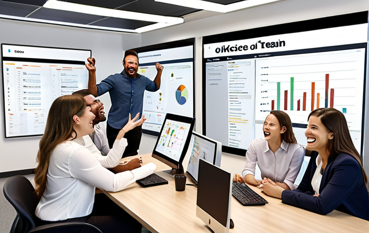 **
Ambitious team celebrating reaching OKR goals. Focus on collaborative, transparent workspace with data dashboards displaying progress. Positive energy, diverse group, modern office setting.
**
