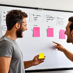 **

A dynamic team brainstorming session in a modern Italian office. Diverse professionals actively engaged, using whiteboards and sticky notes to define ambitious but realistic OKRs. Emphasize collaboration and energy, with natural light and a focus on the faces of the participants showing enthusiasm and problem-solving. The overall mood should be positive and forward-thinking, reflecting a results-oriented culture.

**