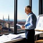 Home 12 **
A professional architect, fully clothed in appropriate attire (business casual: collared shirt, slacks), stands in a sunlit modern office reviewing blueprints. The office features large windows overlooking the cityscape of Milan. Perfect anatomy, correct proportions, natural pose, well-formed hands, proper finger count. Safe for work, appropriate content, professional setting. High quality, detailed textures, realistic lighting.
**
