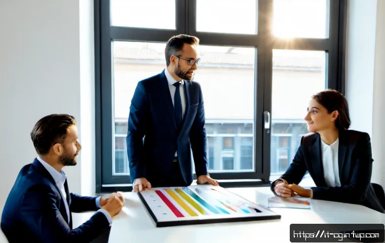 Home 14 OKR 목표 달성을 위한 팀 관리 기법 - Photorealistic Italian business team in a bright modern Milan office, diverse colleagues gathered ar...