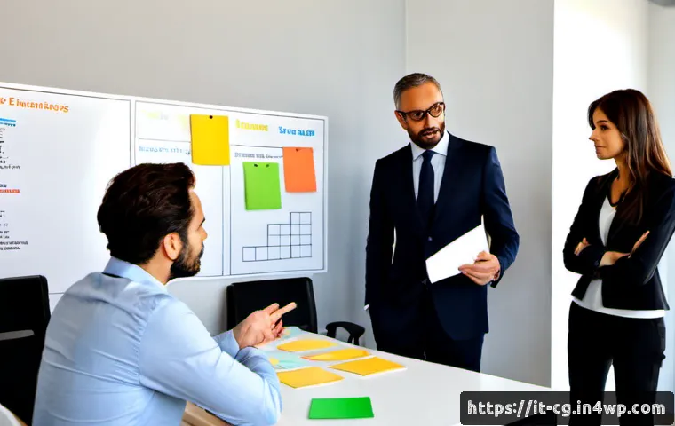Home 16 OKR 실행 시 주의해야 할 사항 - Photorealistic Italian business team in a bright Milan office, five colleagues of mixed ages gathere...