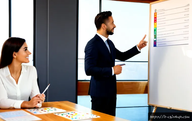 OKR과 기업의 성과 연결 고리 - Photorealistic Italian business team in a bright Milan office, diverse professionals gathered around...
