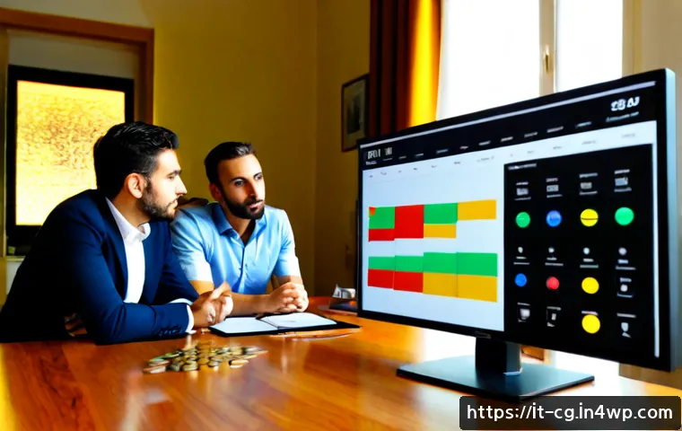 OKR 성과 측정 지표 설정 방법 - Photorealistic Italian business team in a bright Milan office reviewing an OKR performance dashboard...