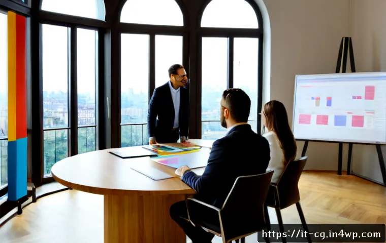 Home 17 OKR의 글로벌 트렌드 및 발전 전망 - Photorealistic modern Italian business team in a bright Milan office, diverse professionals gathered...